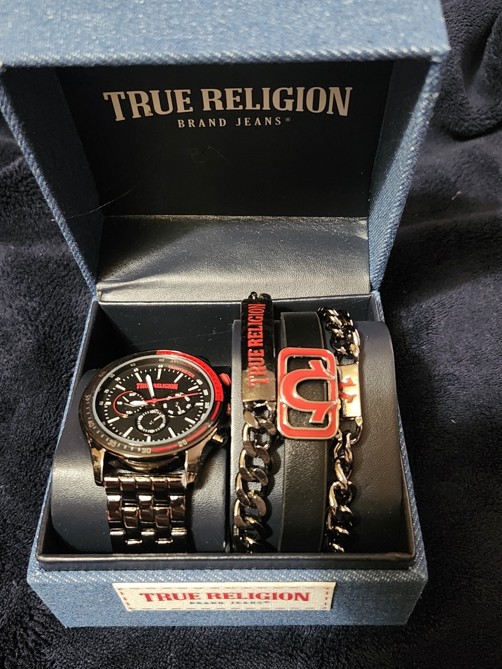 True Religion Script Band Black & Red Watch & 3 Piece Bracelet Set